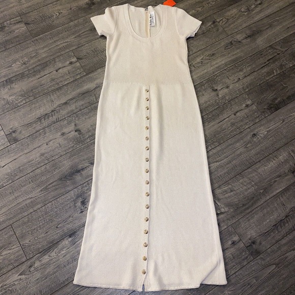 Vintage St John Knits Sz M Knit Long Dress Gold Button Front Short Sleeve Cream - Picture 1 of 11